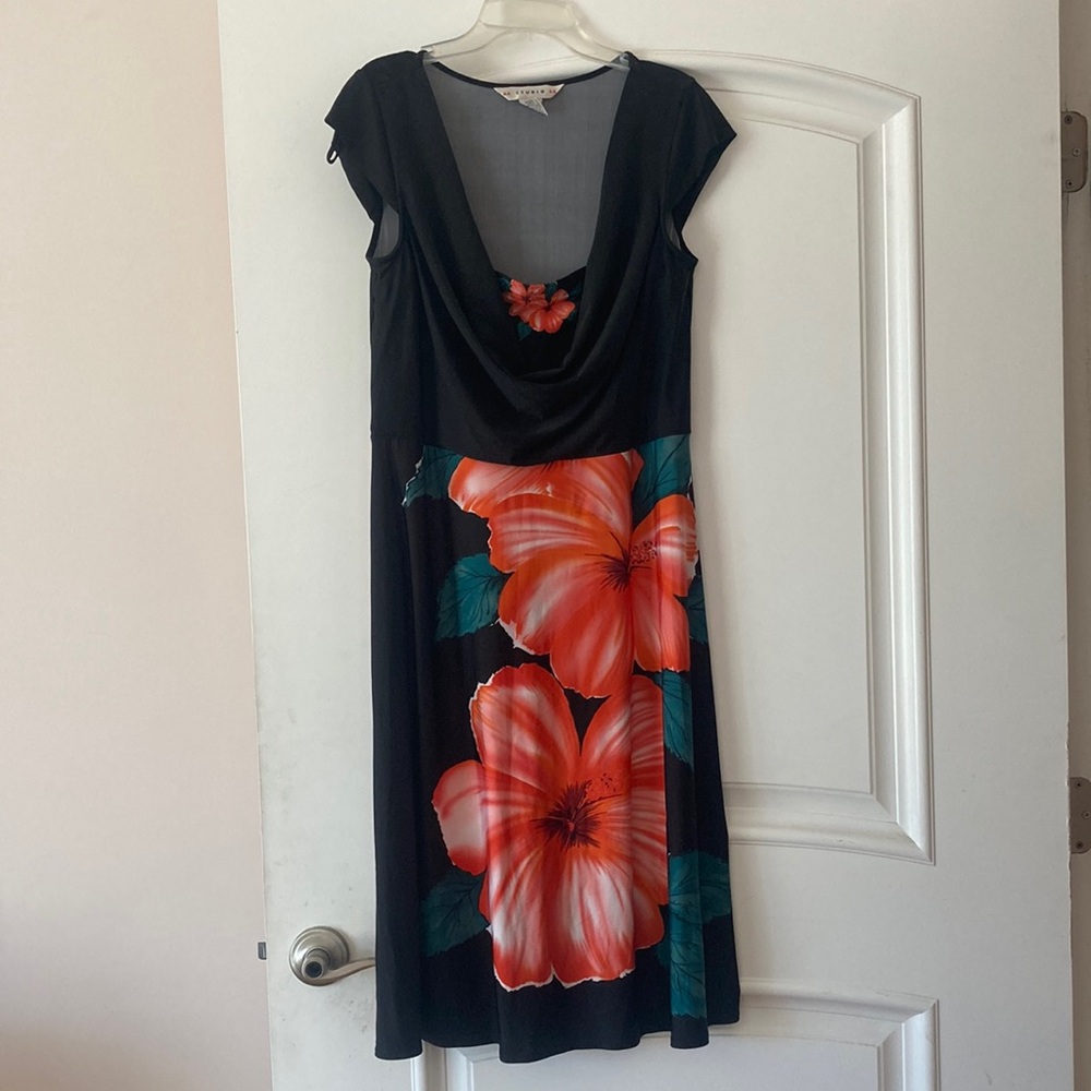 hibiscus flower black vacation y2k midi dress cowl neck size 12